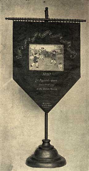 East Sussex Elementary Schools' Stoolball Challenge Banner. The centre panel is a representation of the game as played 200 years ago.